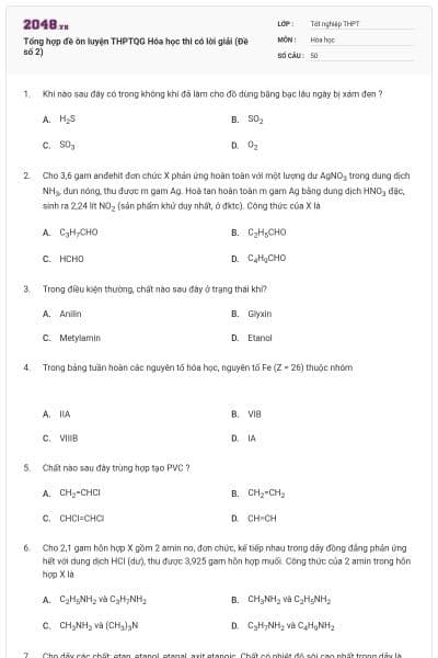 Tổng hợp đề ôn luyện THPTQG Hóa học thi có lời giải (Đề số 2)