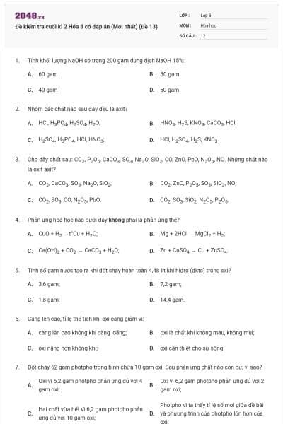 Đề kiểm tra cuối kì 2 Hóa 8 có đáp án (Mới nhất) (Đề 13)