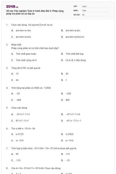 38 câu Trắc nghiệm Toán 6 Cánh diều Bài 3: Phép cộng, phép trừ phân số có đáp án