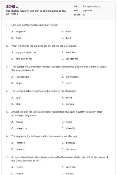 200 câu trắc nghiệm Tiếng Anh về Từ đồng nghĩa có đáp án - Phần 3