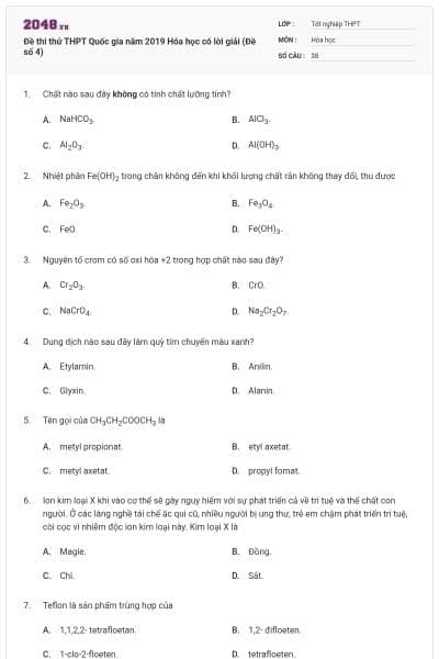 Đề thi thử THPT Quốc gia năm 2019 Hóa học có lời giải (Đề số 4)