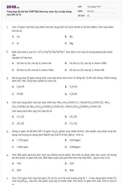 Tổng hợp đề thi thử THPTQG Hóa học mức độ cơ bản nâng cao (đề số 2)