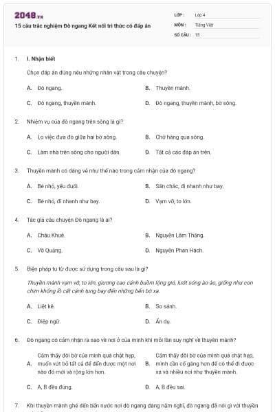 15 câu trắc nghiệm Đò ngang Kết nối tri thức có đáp án