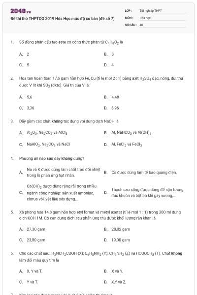 Đề thi thử THPTQG 2019 Hóa Học mức độ cơ bản (đề số 7)