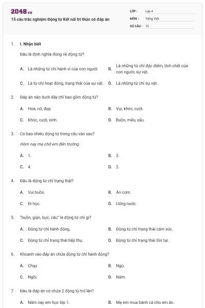 15 câu trắc nghiệm Động từ Kết nối tri thức có đáp án