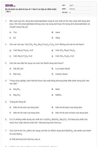 Bộ đề kiểm tra định kì học kì 1 Hóa 9 có đáp án (Mới nhất) - Đề 3