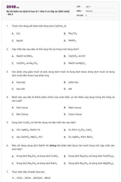 Bộ đề kiểm tra định kì học kì 1 Hóa 9 có đáp án (Mới nhất) - Đề 4
