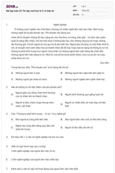 Bài tập tuần 35: Ôn tập cuối học kì 2 có đáp án