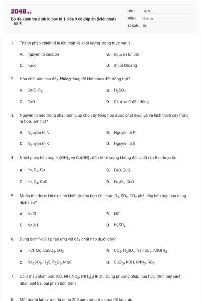 Bộ đề kiểm tra định kì học kì 1 Hóa 9 có đáp án (Mới nhất) - Đề 5