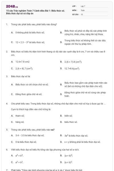 15 câu Trắc nghiệm Toán 7 Cánh diều Bài 1: Biểu thức số. Biểu thức đại số có đáp án