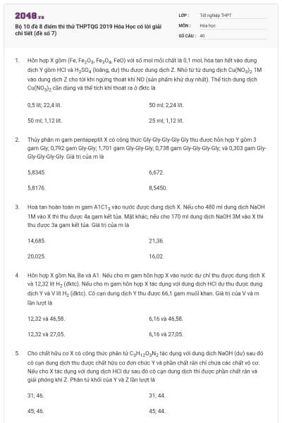 Bộ 10 đề 8 điểm thi thử THPTQG 2019 Hóa Học có lời giải chi tiết (đề số 7)