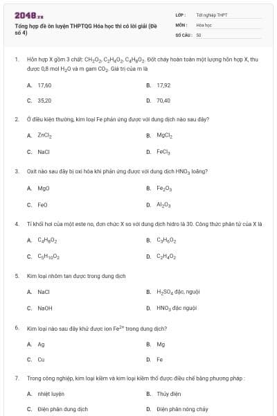 Tổng hợp đề ôn luyện THPTQG Hóa học thi có lời giải (Đề số 4)