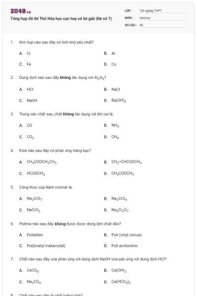 Tổng hợp đề thi Thử Hóa học cực hay có lời giải (Đề số 7)