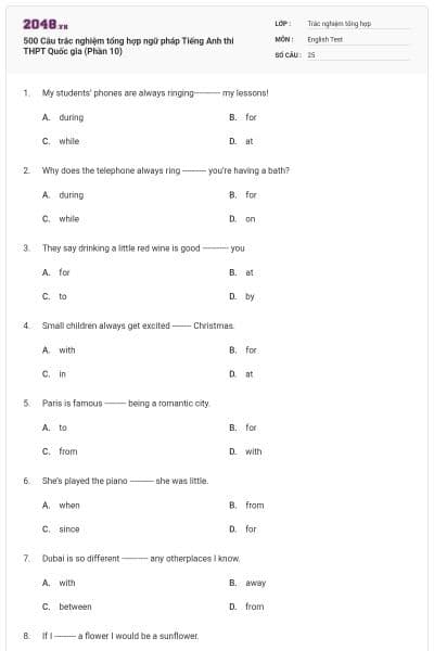 500 Câu trắc nghiệm tổng hợp ngữ pháp Tiếng Anh thi THPT Quốc gia (Phần 10)