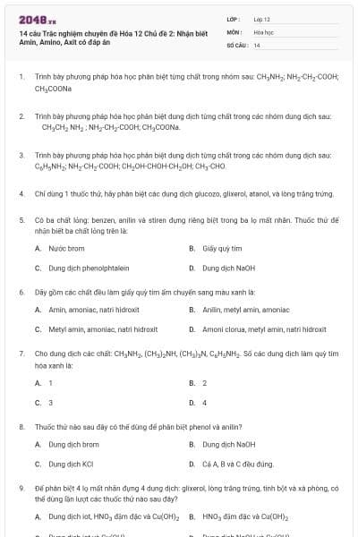 14 câu Trắc nghiệm chuyên đề Hóa 12 Chủ đề 2: Nhận biết Amin, Amino, Axit có đáp án