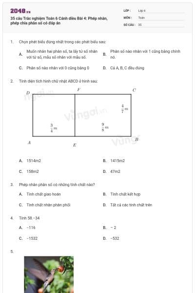 35 câu Trắc nghiệm Toán 6 Cánh diều Bài 4: Phép nhân, phép chia phân số có đáp án