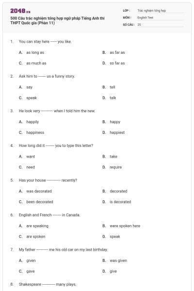 500 Câu trắc nghiệm tổng hợp ngữ pháp Tiếng Anh thi THPT Quốc gia (Phần 11)