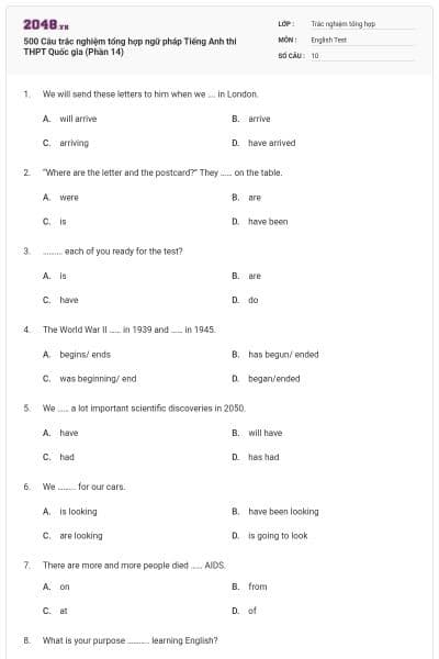 500 Câu trắc nghiệm tổng hợp ngữ pháp Tiếng Anh thi THPT Quốc gia (Phần 14)