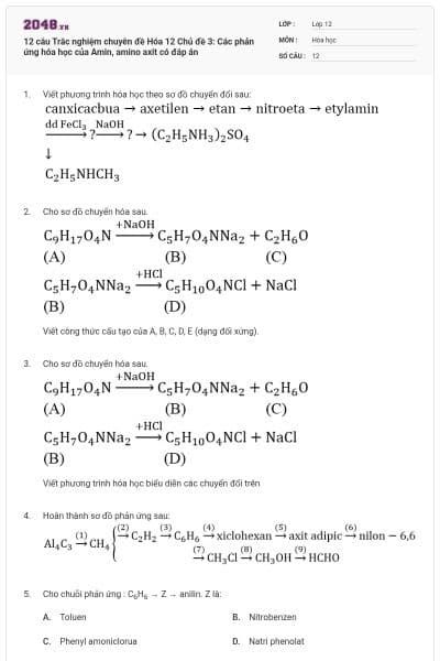 12 câu Trắc nghiệm chuyên đề Hóa 12 Chủ đề 3: Các phản ứng hóa học của Amin, amino axit có đáp án