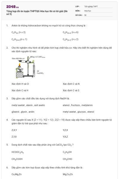 Tổng hợp đề ôn luyện THPTQG Hóa học thi có lời giải (Đề số 5)