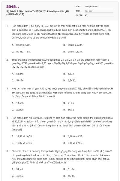 Bộ 10 đề 8 điểm thi thử THPTQG 2019 Hóa Học có lời giải chi tiết (đề số 7)