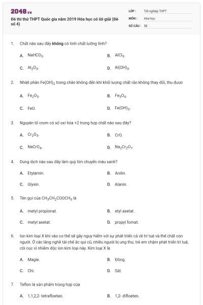Đề thi thử THPT Quốc gia năm 2019 Hóa học có lời giải (Đề số 4)