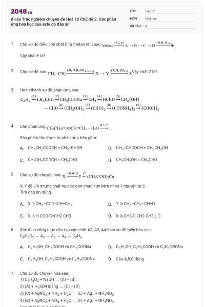 8 câu Trắc nghiệm chuyên đề Hoá 12 Chủ đề 2. Các phản ứng hoá học của este có đáp án