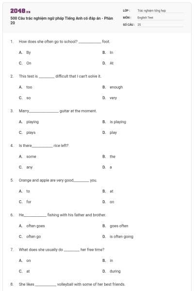 500 Câu trắc nghiệm ngữ pháp Tiếng Anh có đáp án - Phần 20