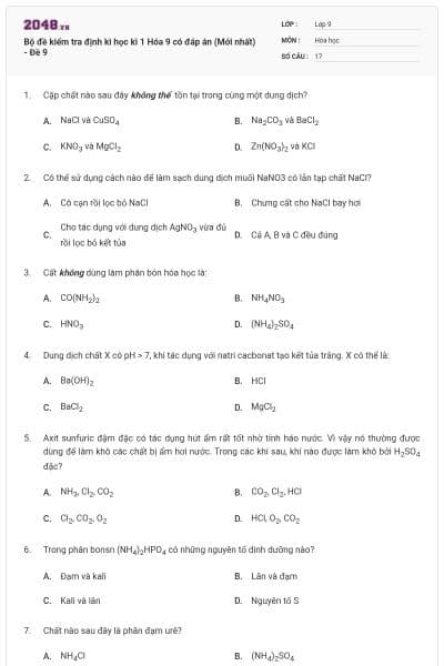 Bộ đề kiểm tra định kì học kì 1 Hóa 9 có đáp án (Mới nhất) - Đề 9