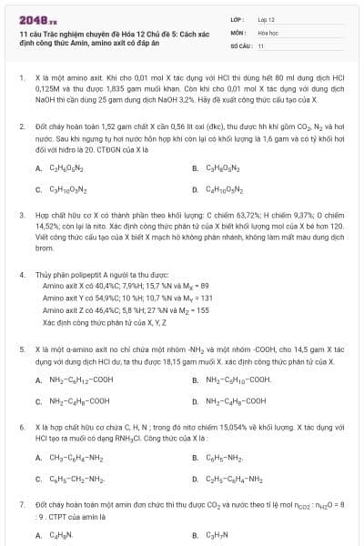 11 câu Trắc nghiệm chuyên đề Hóa 12 Chủ đề 5: Cách xác định công thức Amin, amino axit có đáp án
