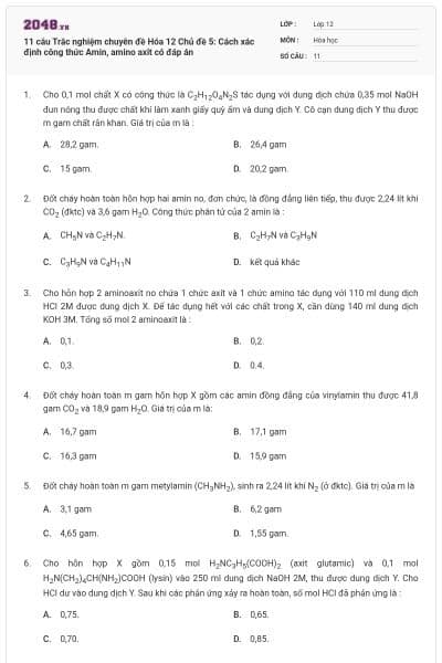 11 câu Trắc nghiệm chuyên đề Hóa 12 Chủ đề 5: Cách xác định công thức Amin, amino axit có đáp án