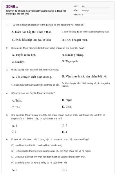 Chuyên đề chuyển hóa vật chất và năng lượng ở động vật có lời giải chi tiết (P8)