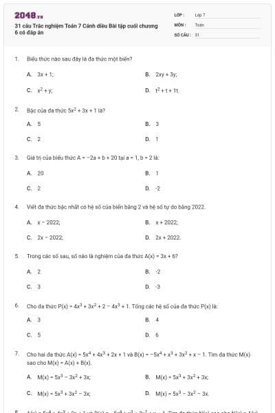 31 câu Trắc nghiệm Toán 7 Cánh diều Bài tập cuối chương 6 có đáp án
