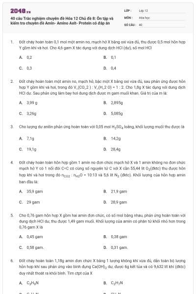 40 câu Trắc nghiệm chuyên đề Hóa 12 Chủ đề 8: Ôn tập và kiểm tra chuyên đề Amin- Amino Axit- Protein có đáp án