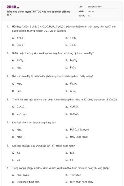 Tổng hợp đề ôn luyện THPTQG Hóa học thi có lời giải (Đề số 4)