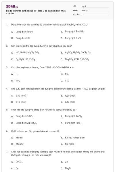 Bộ đề kiểm tra định kì học kì 1 Hóa 9 có đáp án (Mới nhất) - Đề 10