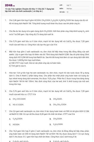 13 câu Trắc nghiệm Chuyên đề Hóa 11 Chủ đề 7: Dạng bài tập tính axit của Axit cacboxylic ( có đáp án )