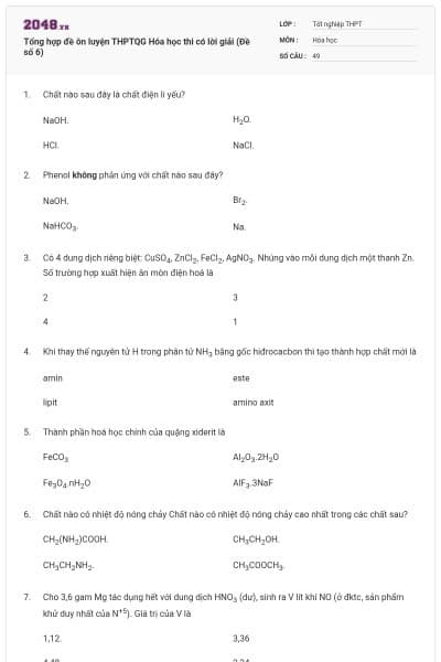 Tổng hợp đề ôn luyện THPTQG Hóa học thi có lời giải (Đề số 6)