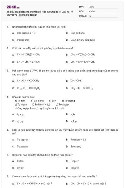 15 câu Trắc nghiệm chuyên đề Hóa 12 Chủ đề 1: Câu hỏi lý thuyết về Polime có đáp án
