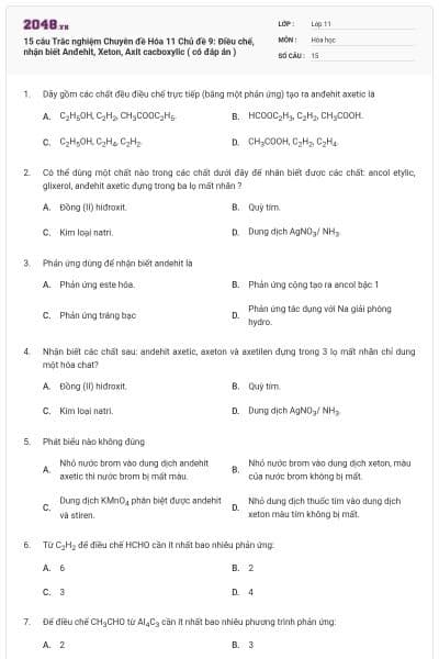 15 câu Trắc nghiệm Chuyên đề Hóa 11 Chủ đề 9: Điều chế, nhận biết Anđehit, Xeton, Axit cacboxylic ( có đáp án )
