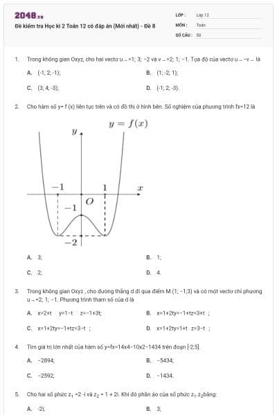 Đề kiểm tra Học kì 2 Toán 12 có đáp án (Mới nhất) - Đề 8
