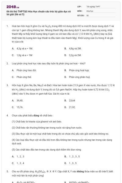 Đề thi thử THPTQG Hóa Học chuẩn cấu trúc bộ giáo dục có lời giải (Đề số 5)