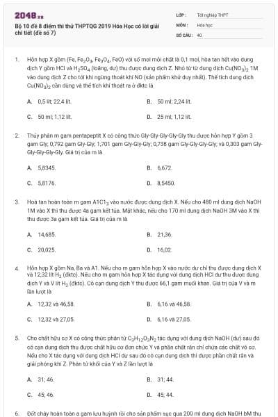 Bộ 10 đề 8 điểm thi thử THPTQG 2019 Hóa Học có lời giải chi tiết (đề số 7)