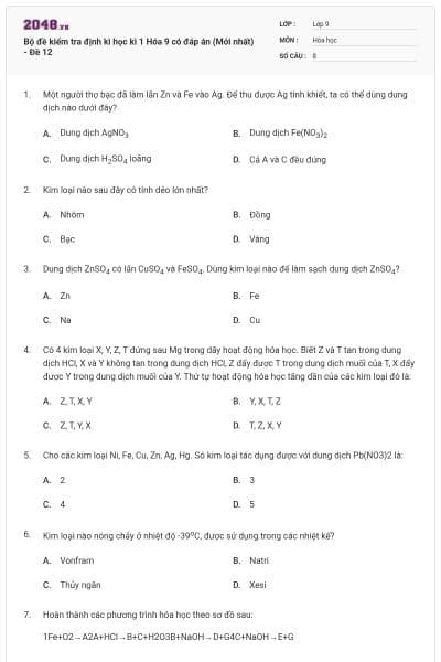 Bộ đề kiểm tra định kì học kì 1 Hóa 9 có đáp án (Mới nhất) - Đề 12