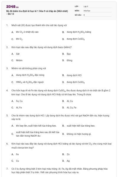 Bộ đề kiểm tra định kì học kì 1 Hóa 9 có đáp án (Mới nhất) - Đề 13