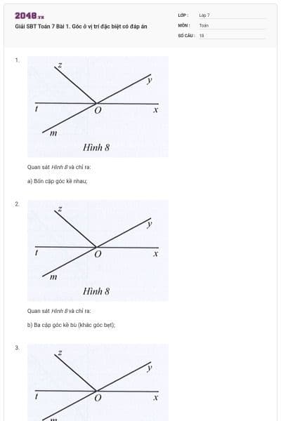 Giải SBT Toán 7 Bài 1. Góc ở vị trí đặc biệt có đáp án