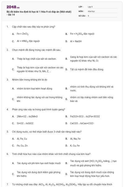 Bộ đề kiểm tra định kì học kì 1 Hóa 9 có đáp án (Mới nhất) - Đề 14