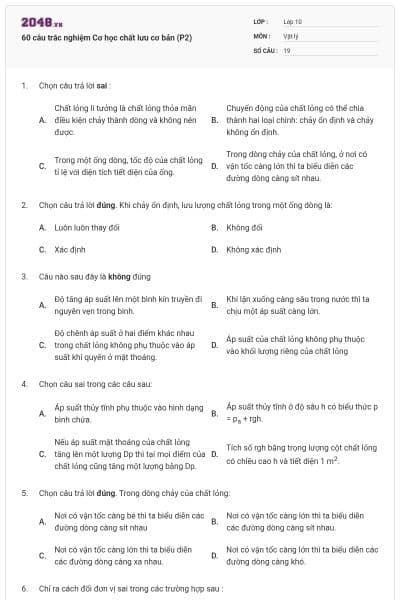 60 câu trắc nghiệm Cơ học chất lưu cơ bản (P2)