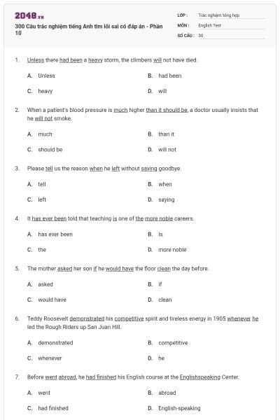 300 Câu trắc nghiệm tiếng Anh tìm lỗi sai có đáp án - Phần 10