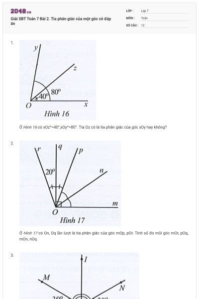 Giải SBT Toán 7 Bài 2. Tia phân giác của một góc có đáp án